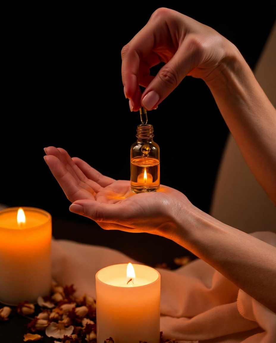 Hands receiving a drop of Ayurvedic facial oil by candlelight