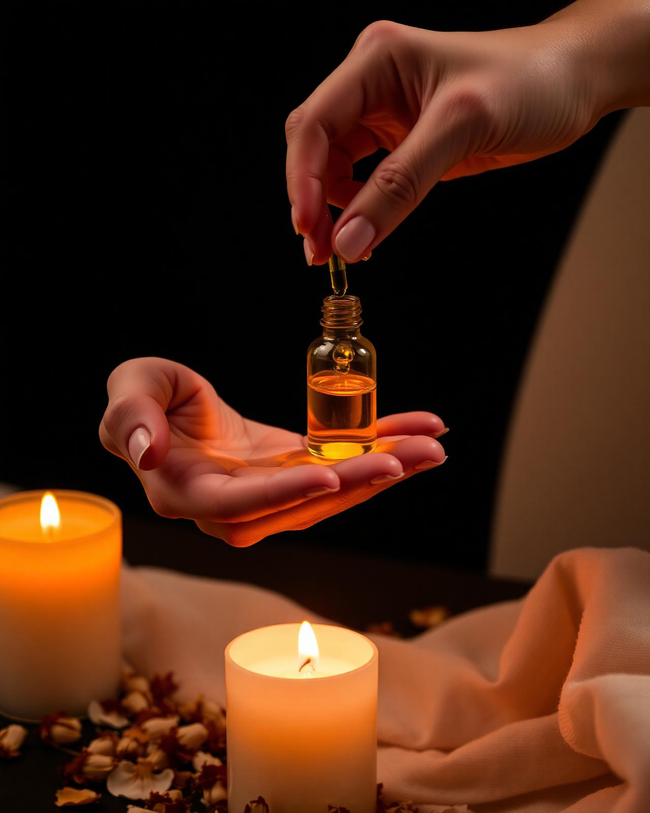 Hands receiving a drop of Ayurvedic facial oil by candlelight
